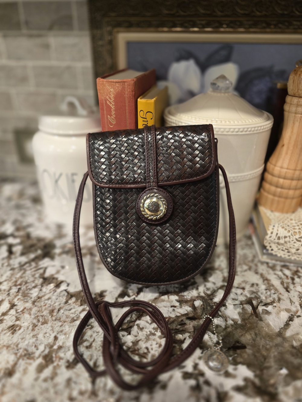 Brighton Dark Brown Woven Crossbody Bag with Decorative Button